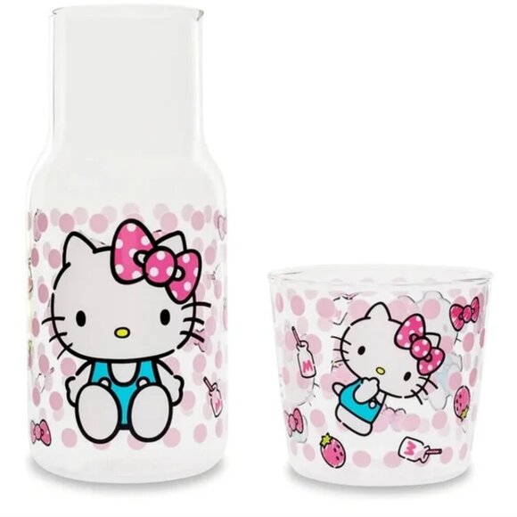 NIB Sanrio Hello Kitty Glass Water Pitcher With Cup 18oz - Picture 1 of 6